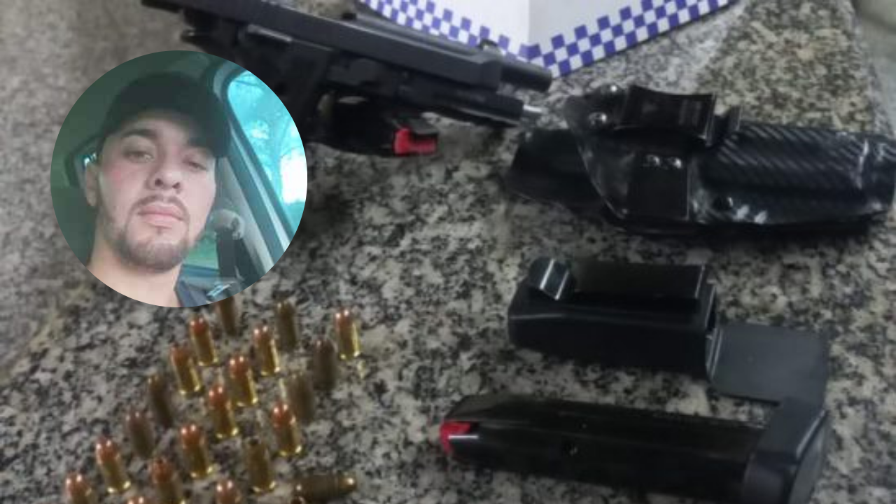 Foto: Vítima, arma e munições apreendidas com o suspeito. Reprodução/Redes sociais e PM