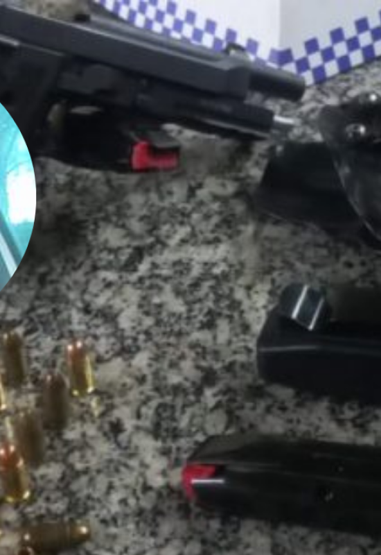 Foto: Vítima, arma e munições apreendidas com o suspeito. Reprodução/Redes sociais e PM